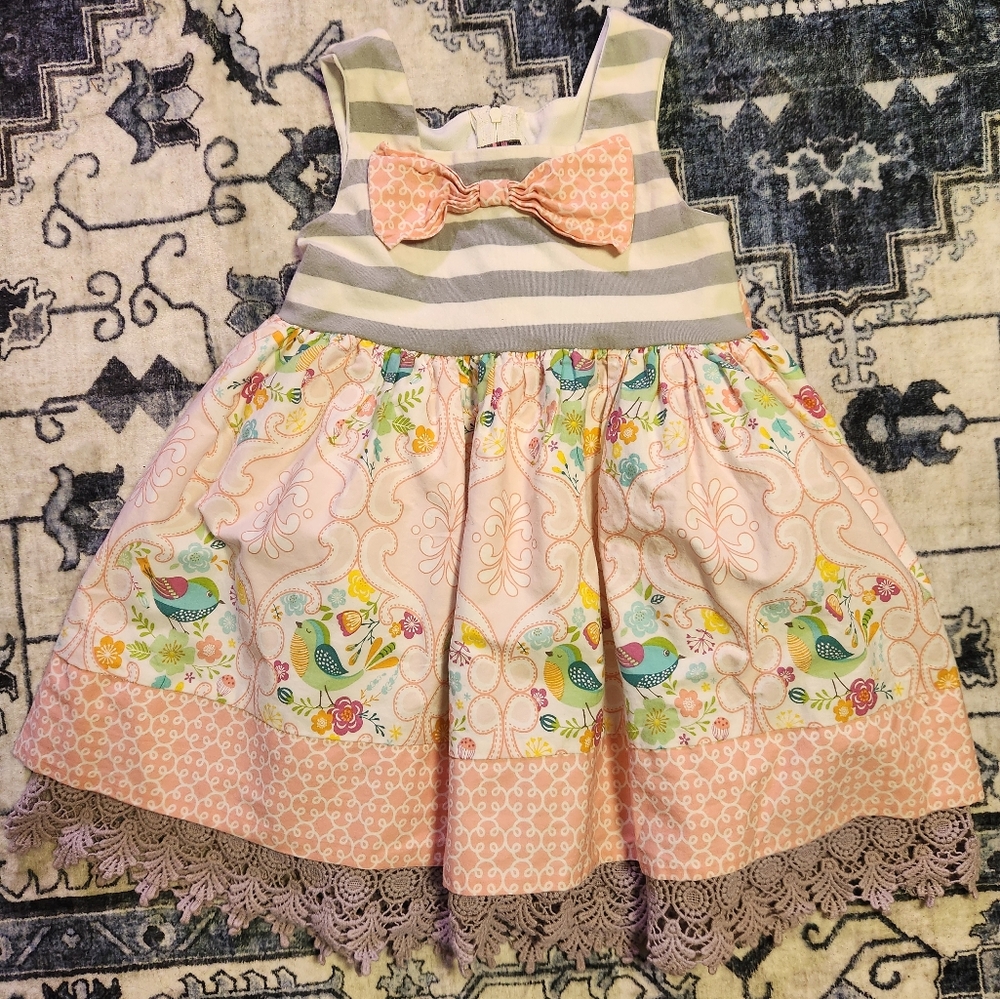 Pink and Gray Ruffled Tiered Sundress with Square Neck